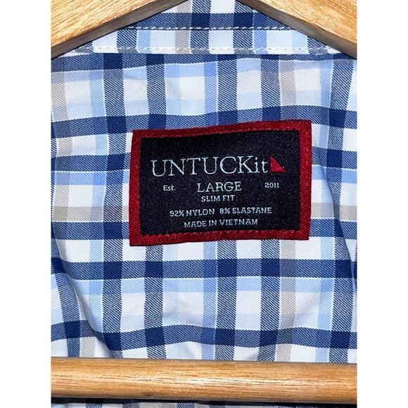 UNTUCKit Sardinia Blue Plaid Button Up Shirt Mens L Slim Fit Nylon Stretch - Picture 4 of 7